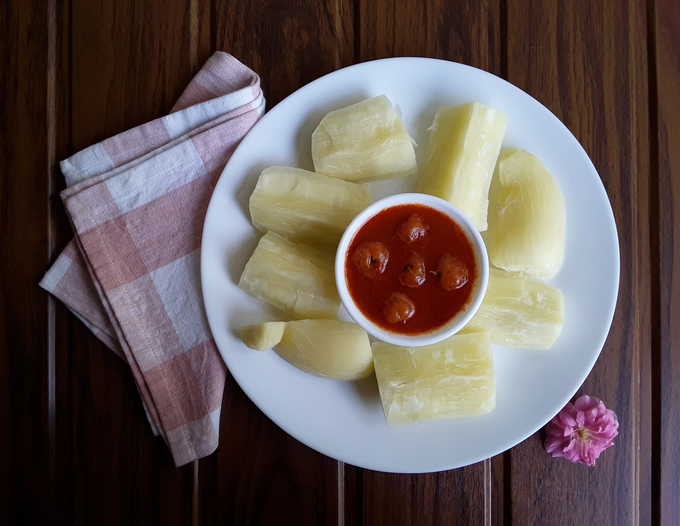 Acerola cherry (also called Barbados, West Indian, Wild Crepe Myrtle cherry, Malpighia Emarginata) hot and tangy dipping curry with boiled cassava